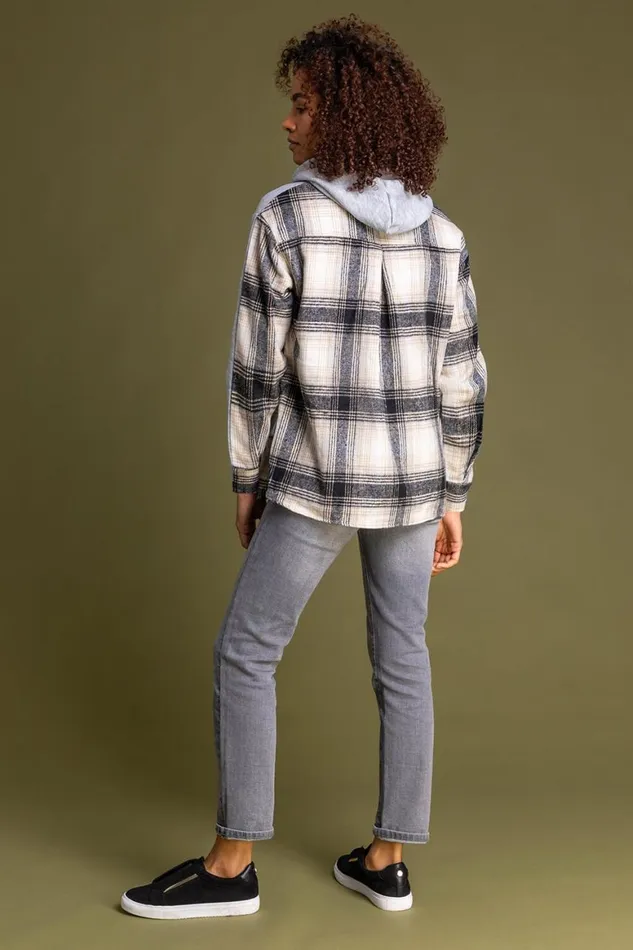 Women Grey Contrast Check Print Hoodie Roman Tops