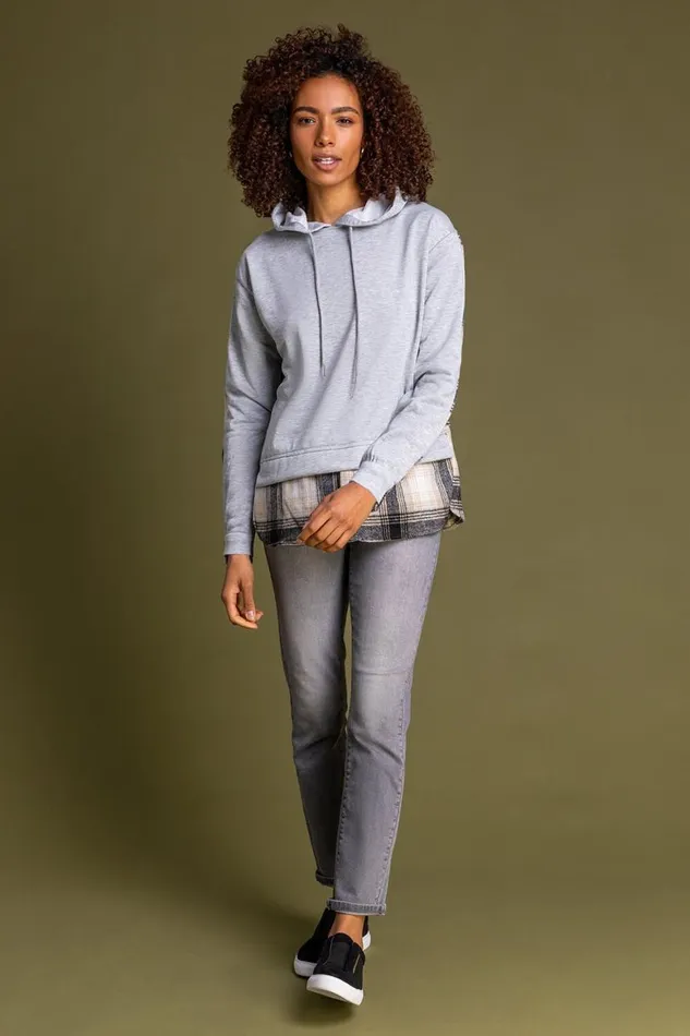 Women Grey Contrast Check Print Hoodie Roman Tops