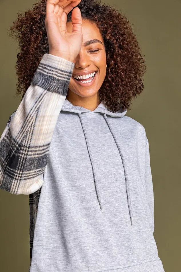 Women Grey Contrast Check Print Hoodie Roman Tops
