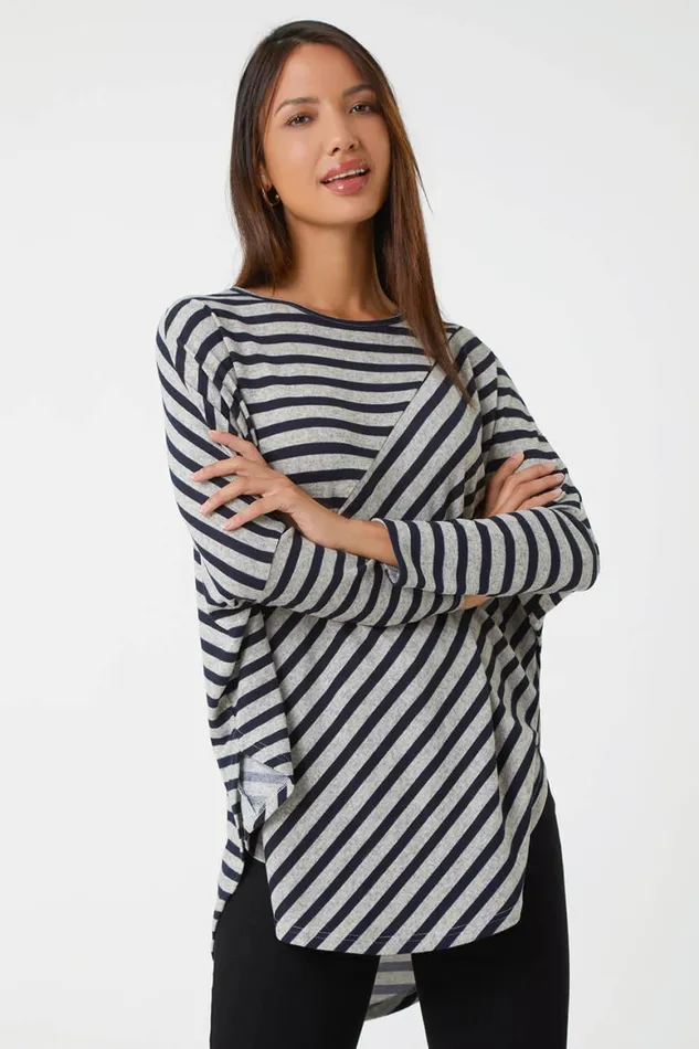 Women Grey Contrast Stripe Stretch Jersey Top Roman Tops