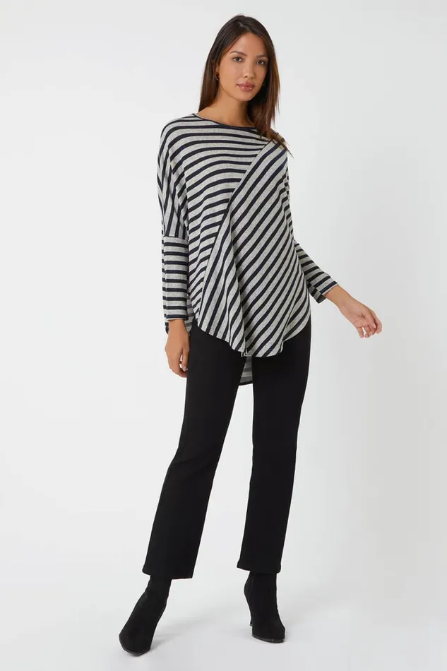 Women Grey Contrast Stripe Stretch Jersey Top Roman Tops