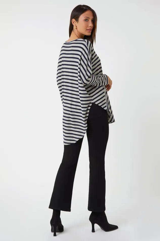 Women Grey Contrast Stripe Stretch Jersey Top Roman Tops