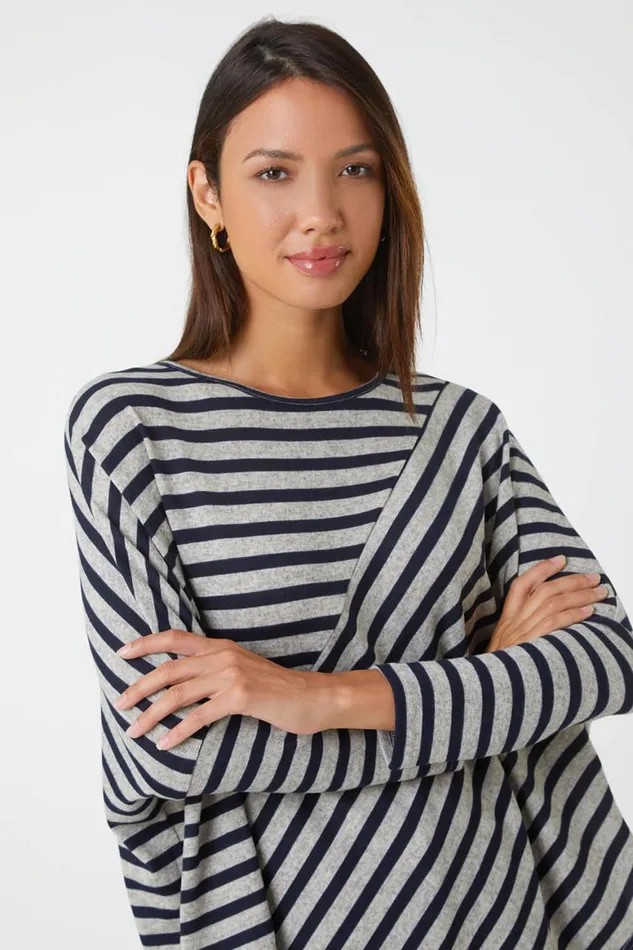 Women Grey Contrast Stripe Stretch Jersey Top Roman Tops