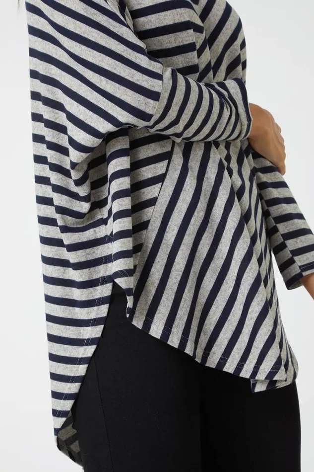 Women Grey Contrast Stripe Stretch Jersey Top Roman Tops