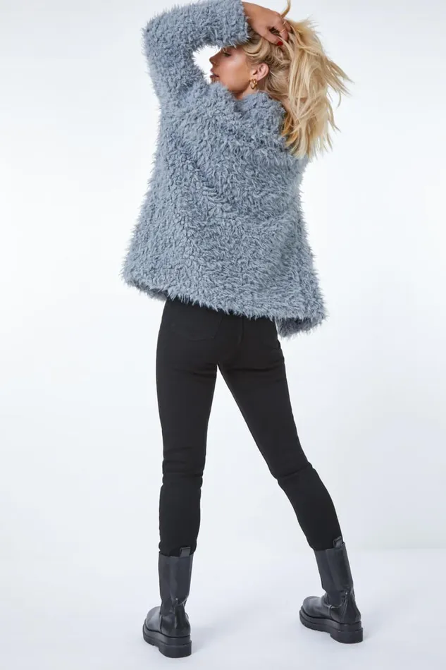 Women Grey Fluffy Textured Coat Roman Coats