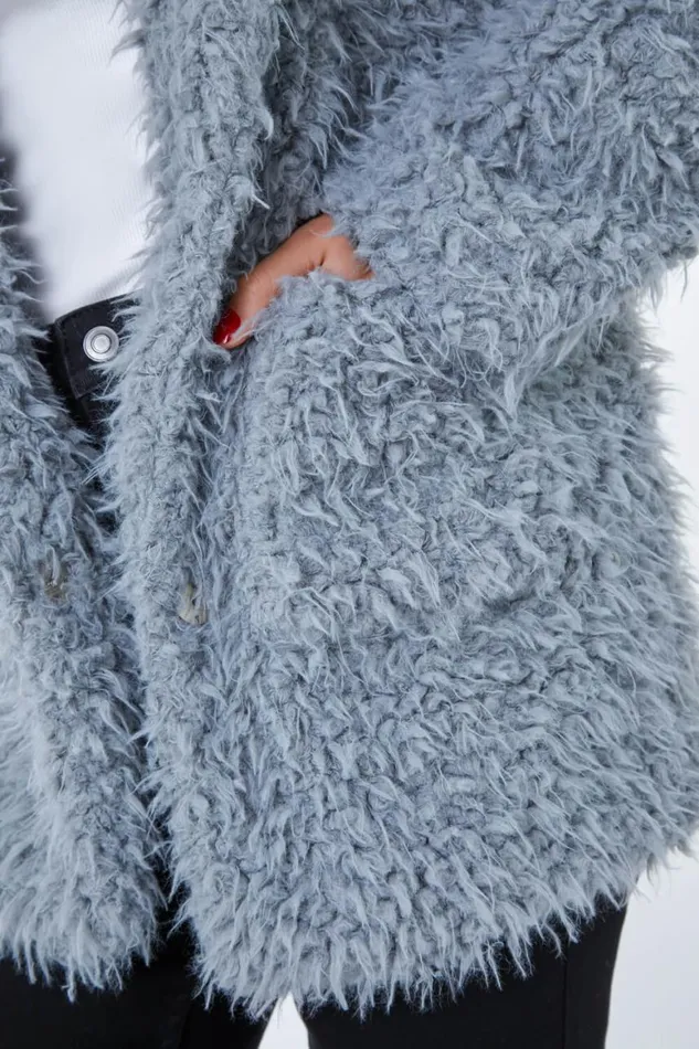 Women Grey Fluffy Textured Coat Roman Coats