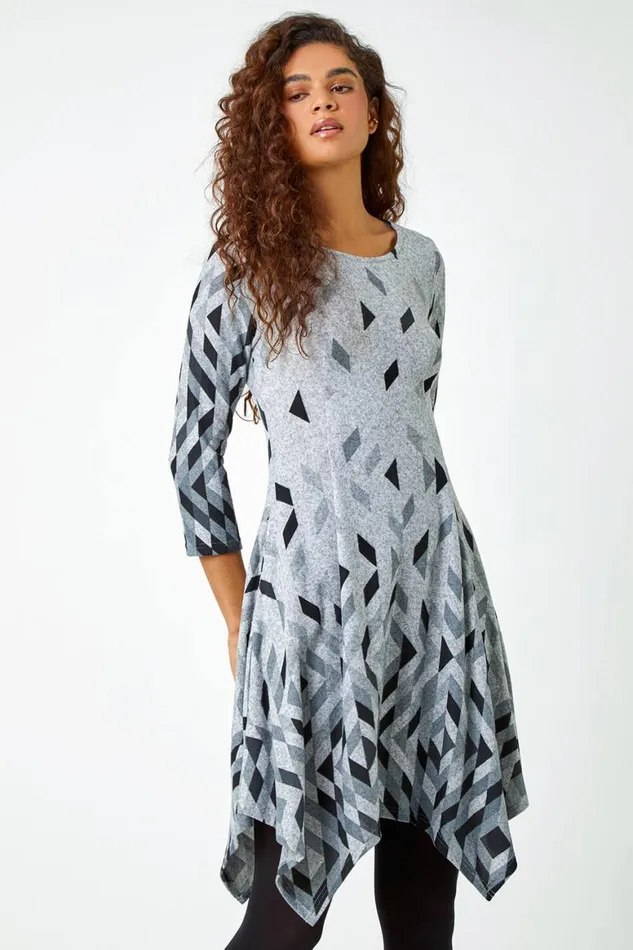 Women Grey Geometric Print Panelled Stretch Dress Roman Dresses