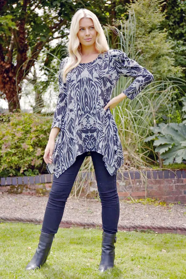 Women Grey Grey Print Longline Tunic Top Roman Tops