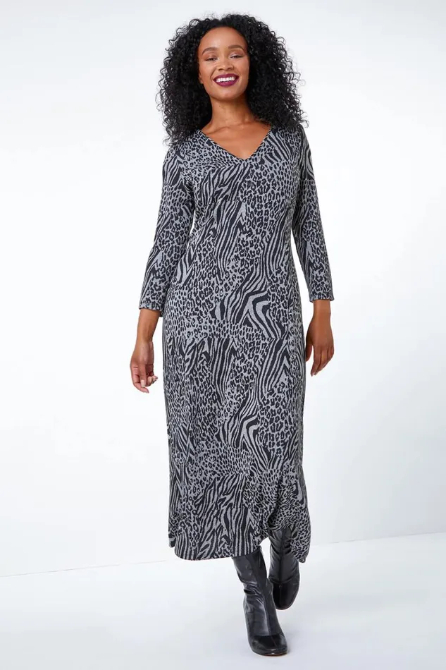 Women Grey Petite Animal Print Midi Dress Roman Dresses