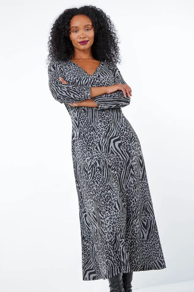 Women Grey Petite Animal Print Midi Dress Roman Dresses