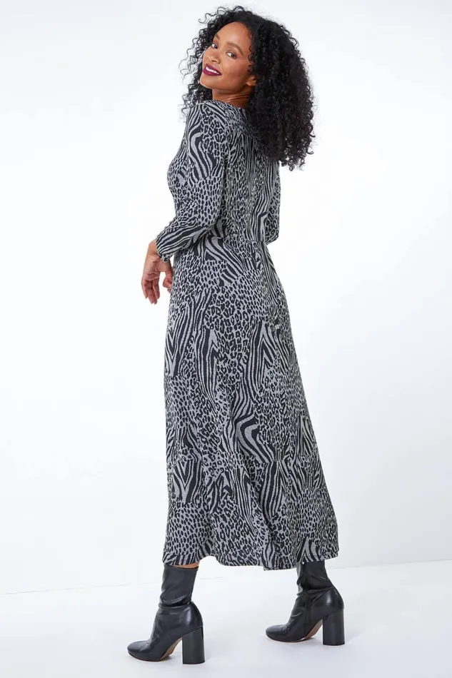 Women Grey Petite Animal Print Midi Dress Roman Dresses