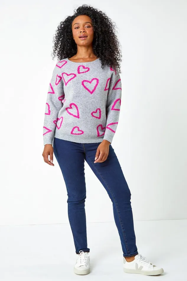 Women Grey Petite Heart Print Stretch Jumper Roman Knitwear