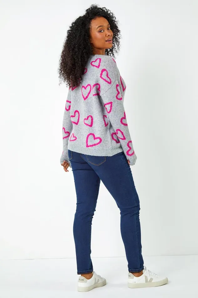 Women Grey Petite Heart Print Stretch Jumper Roman Knitwear