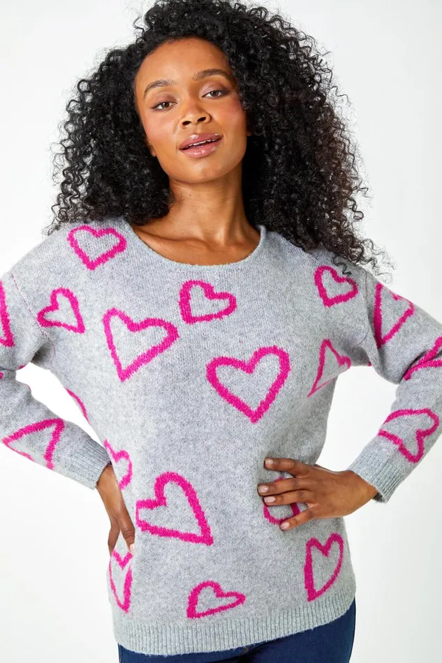 Women Grey Petite Heart Print Stretch Jumper Roman Knitwear