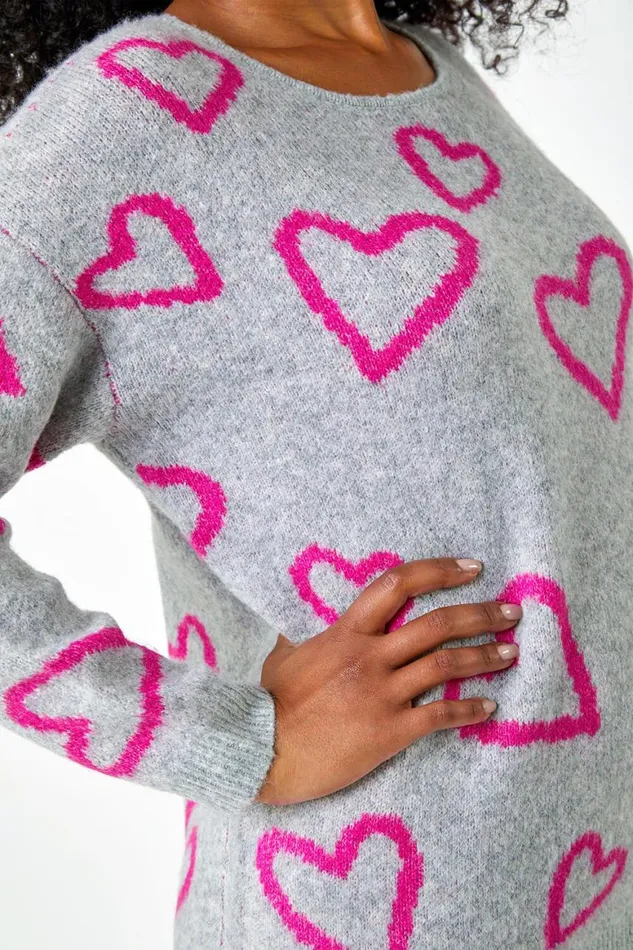 Women Grey Petite Heart Print Stretch Jumper Roman Knitwear