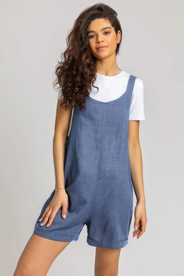Women Grey Shoulder Tie Cotton Playsuit Roman Dresses