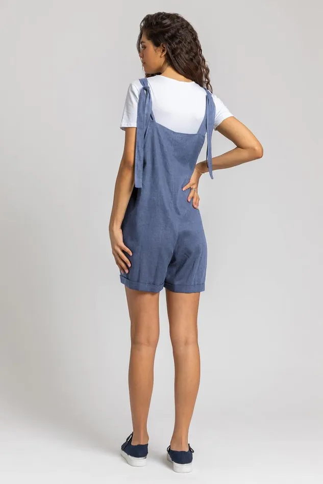 Women Grey Shoulder Tie Cotton Playsuit Roman Dresses