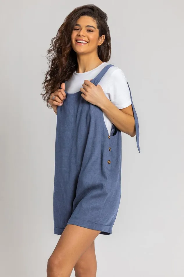 Women Grey Shoulder Tie Cotton Playsuit Roman Dresses