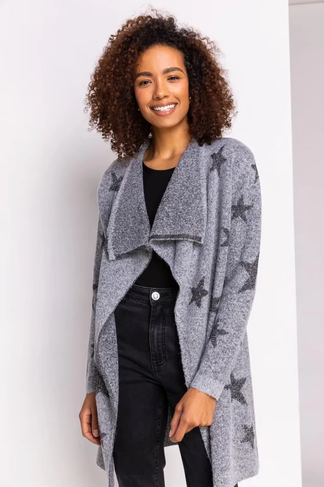 Women Grey Sparkle Star Waterfall Cardigan Roman Knitwear