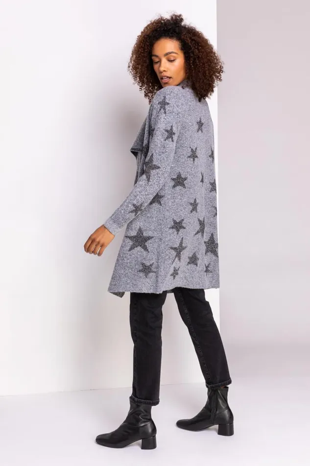 Women Grey Sparkle Star Waterfall Cardigan Roman Knitwear