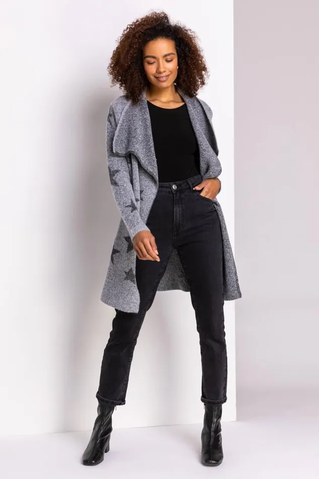 Women Grey Sparkle Star Waterfall Cardigan Roman Knitwear