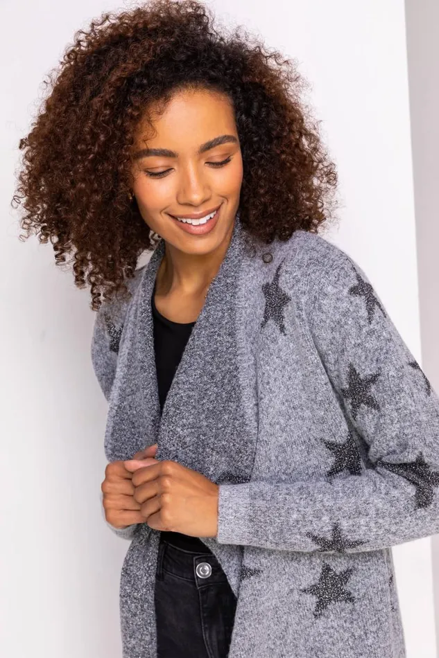 Women Grey Sparkle Star Waterfall Cardigan Roman Knitwear
