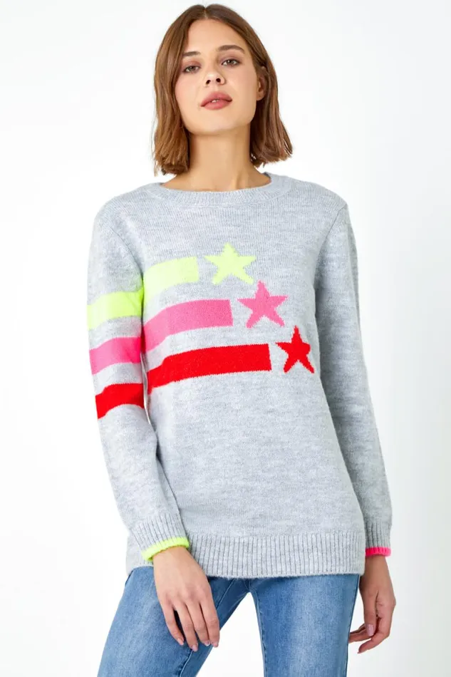 Women Grey Star Print Jumper Roman Knitwear