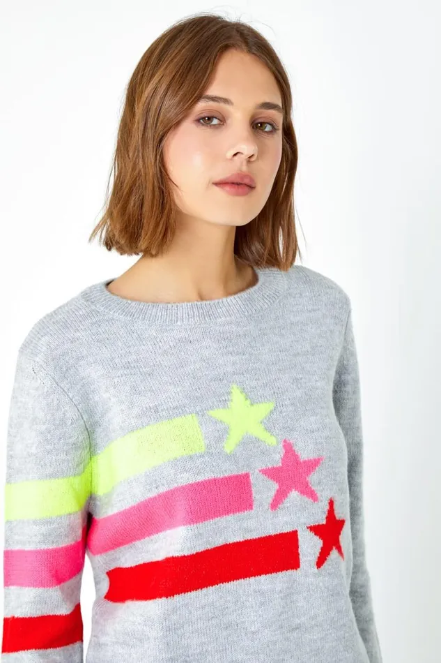 Women Grey Star Print Jumper Roman Knitwear
