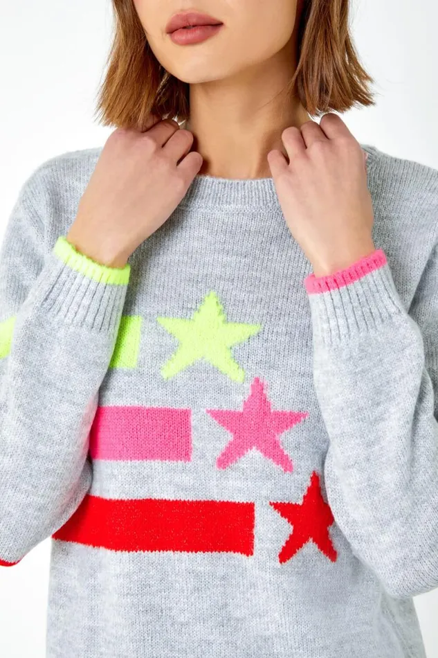 Women Grey Star Print Jumper Roman Knitwear