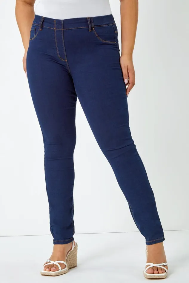 Women Indigo Curve Stretch Denim Elastic Waist Jegging Roman Trousers