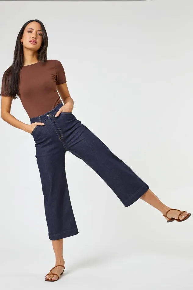 Women Indigo Wide Leg Stretch Cropped Denim Culottes Roman Coords