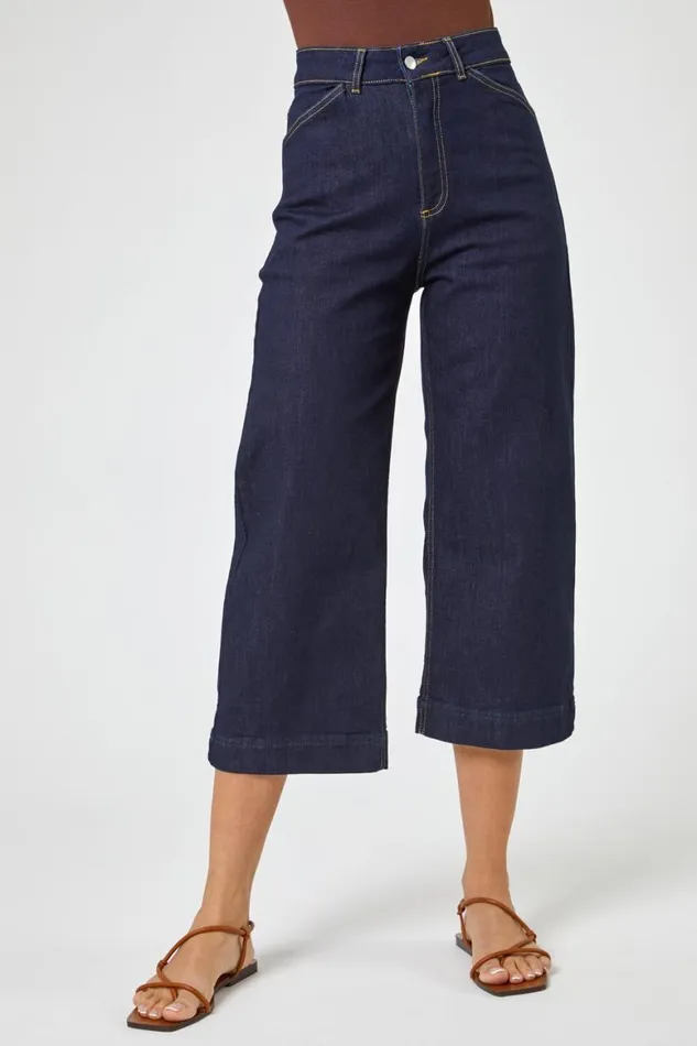 Women Indigo Wide Leg Stretch Cropped Denim Culottes Roman Coords
