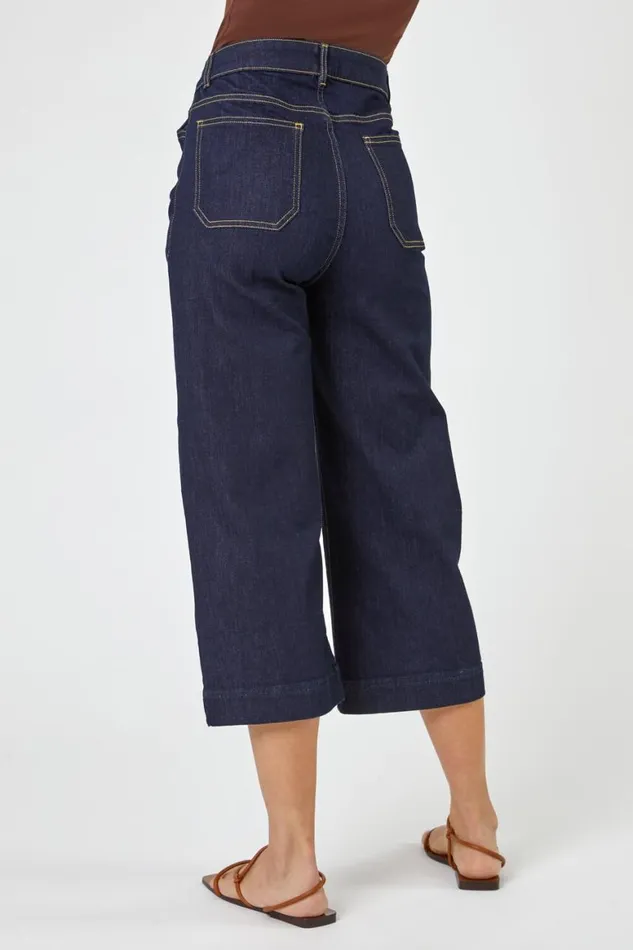 Women Indigo Wide Leg Stretch Cropped Denim Culottes Roman Coords