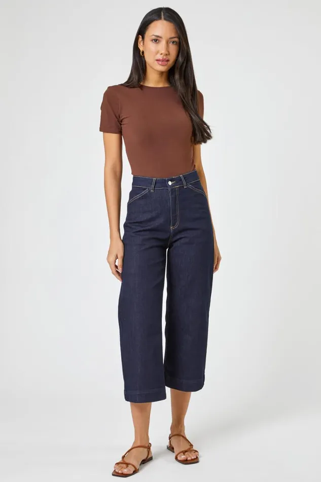 Women Indigo Wide Leg Stretch Cropped Denim Culottes Roman Coords