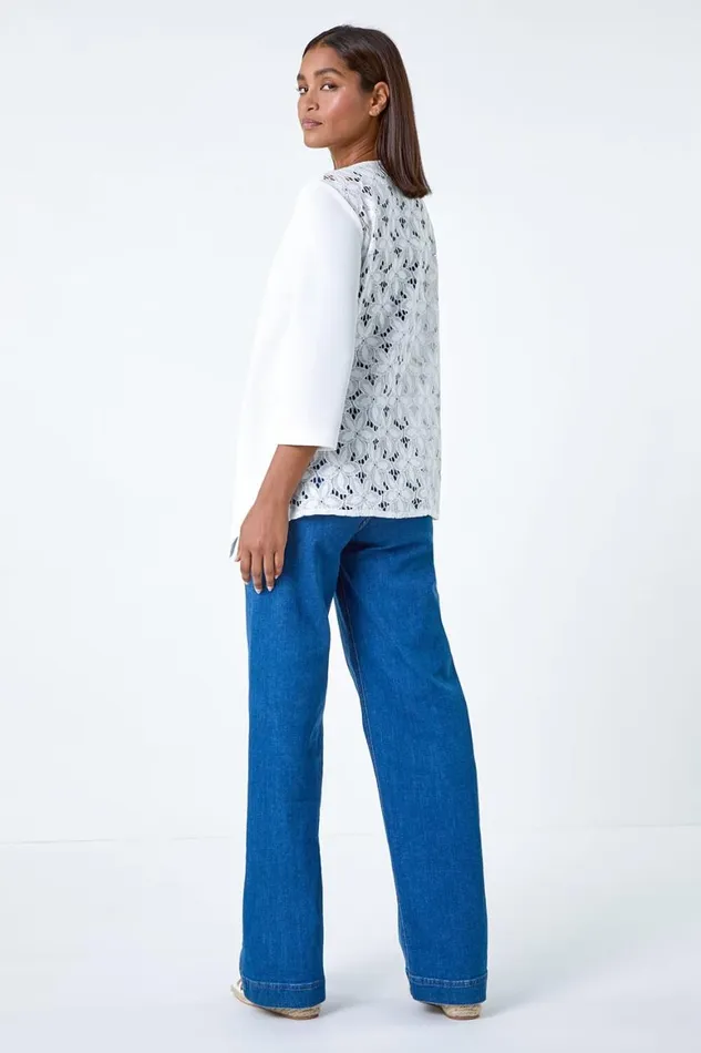 Women Ivory 34 Sleeve Lace Back Waterfall Jacket Roman Jackets