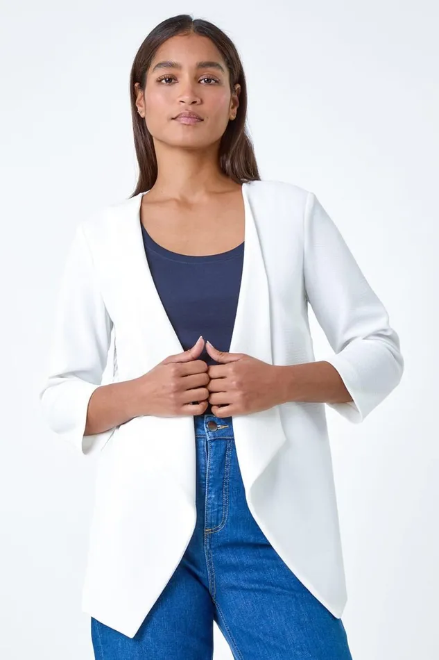 Women Ivory 34 Sleeve Lace Back Waterfall Jacket Roman Jackets