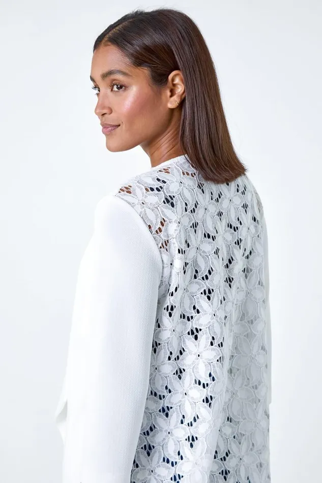 Women Ivory 34 Sleeve Lace Back Waterfall Jacket Roman Jackets