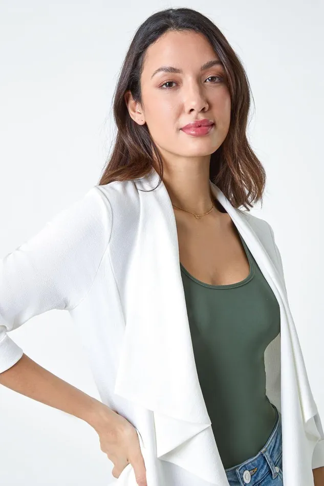Women Ivory 34 Sleeve Waterfall Jacket Roman Jackets