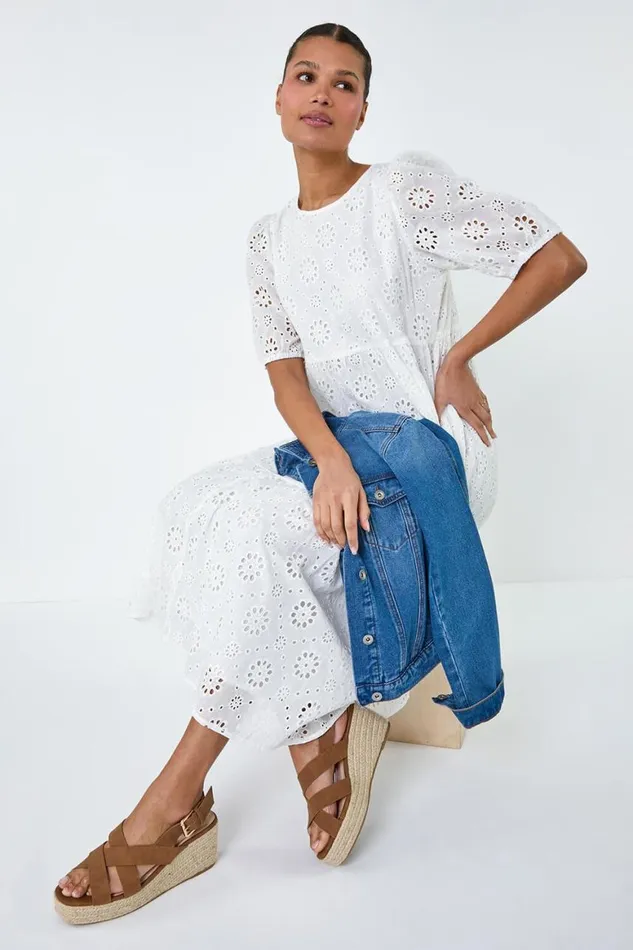 Women Ivory Cotton Broderie Tiered Dress Roman Dresses