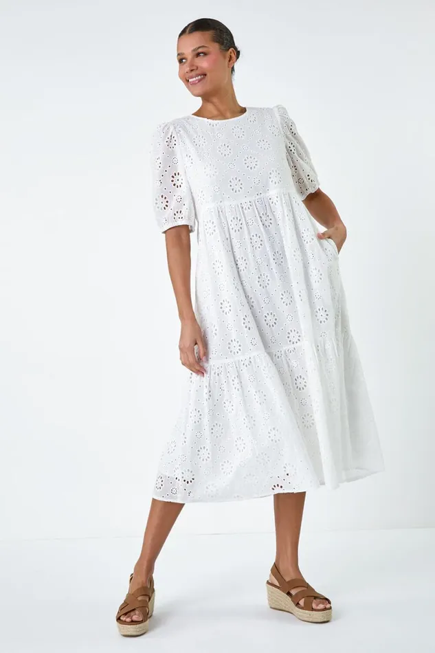 Women Ivory Cotton Broderie Tiered Dress Roman Dresses