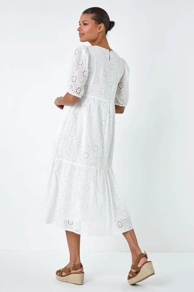 Women Ivory Cotton Broderie Tiered Dress Roman Dresses