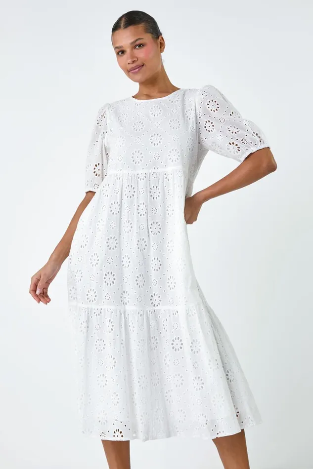 Women Ivory Cotton Broderie Tiered Dress Roman Dresses