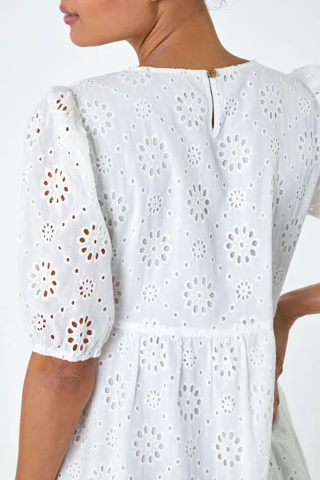 Women Ivory Cotton Broderie Tiered Dress Roman Dresses