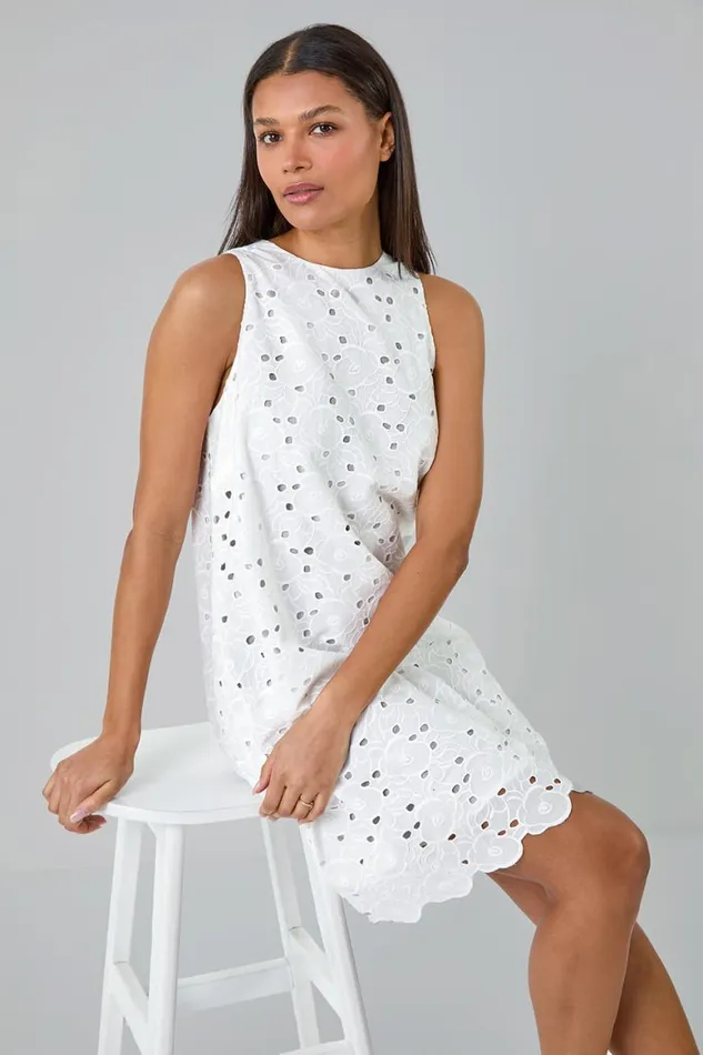 Women Ivory Cotton Embroidery Detail Shift Dress Roman Dresses