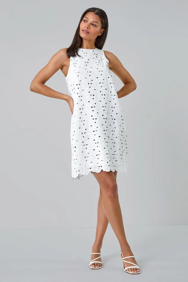 Women Ivory Cotton Embroidery Detail Shift Dress Roman Dresses