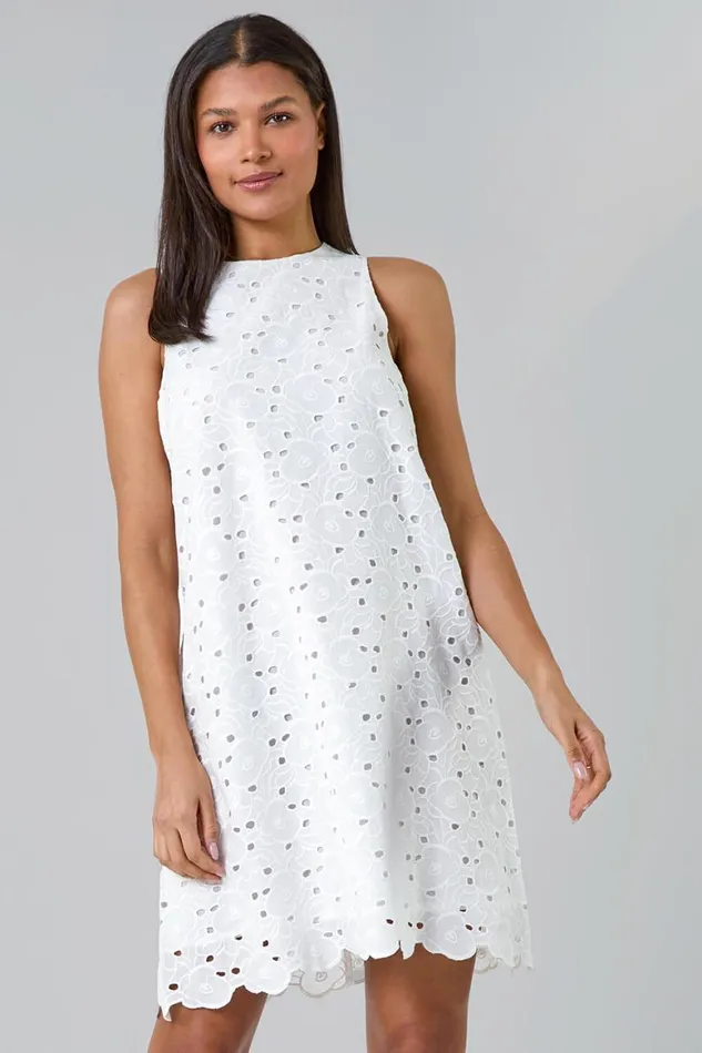 Women Ivory Cotton Embroidery Detail Shift Dress Roman Dresses