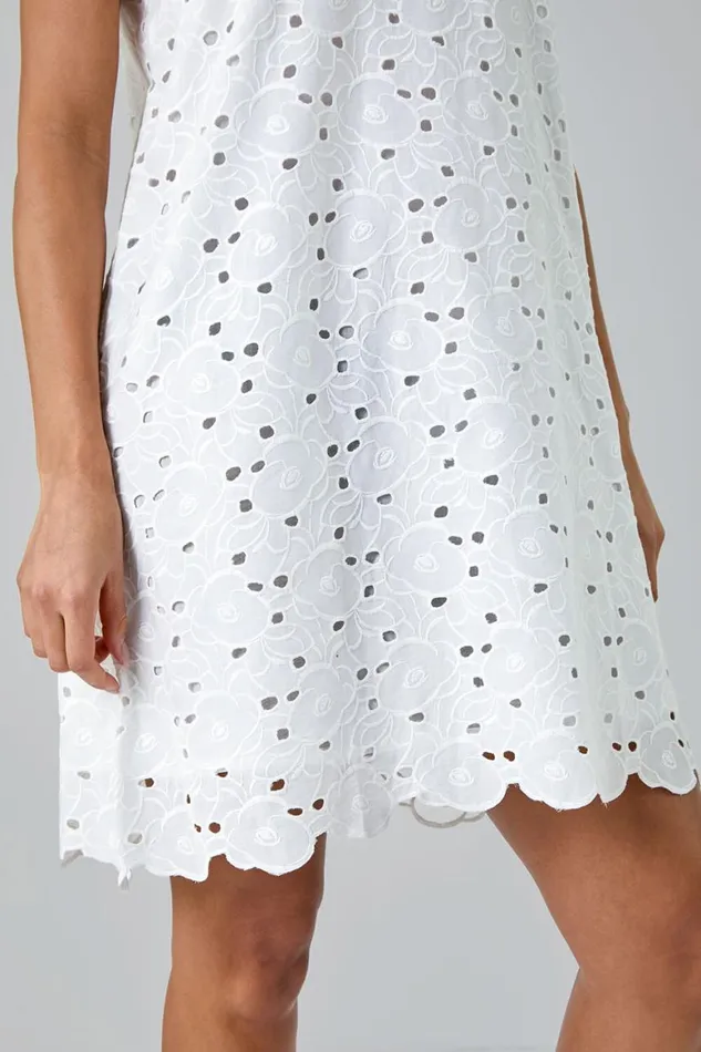 Women Ivory Cotton Embroidery Detail Shift Dress Roman Dresses