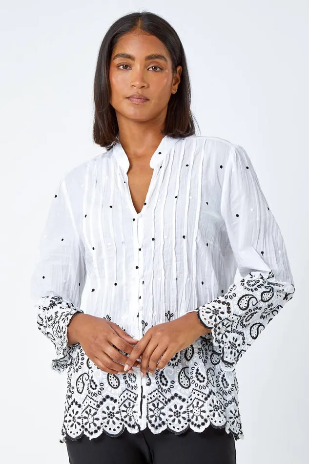 Women Ivory Cotton Paisley Embroidered VNeck Blouse Roman Tops