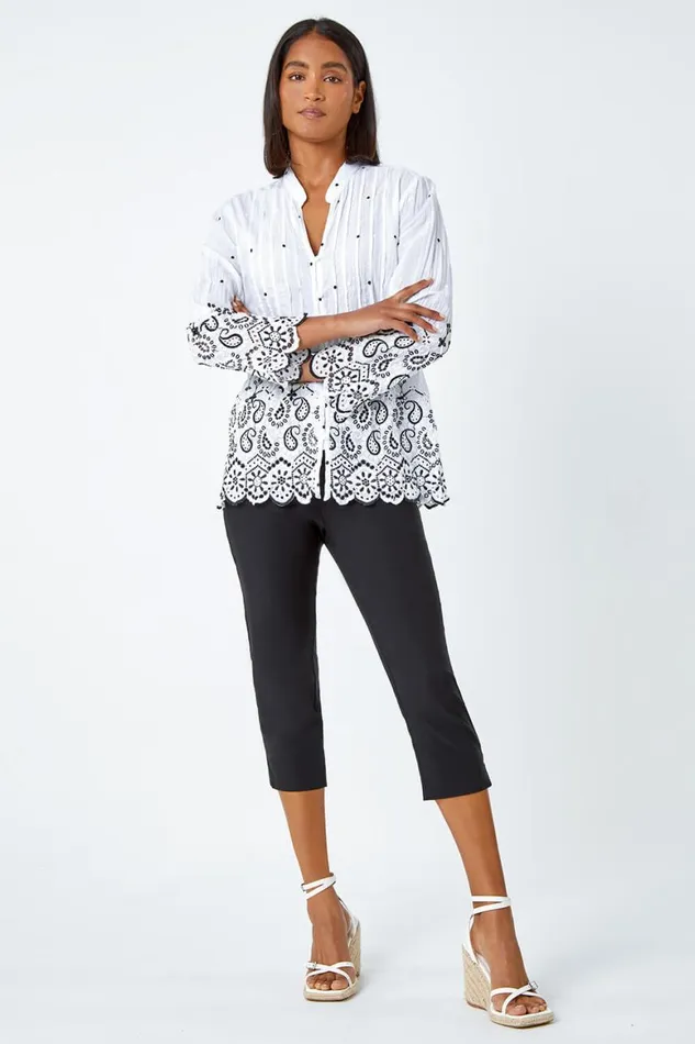 Women Ivory Cotton Paisley Embroidered VNeck Blouse Roman Tops