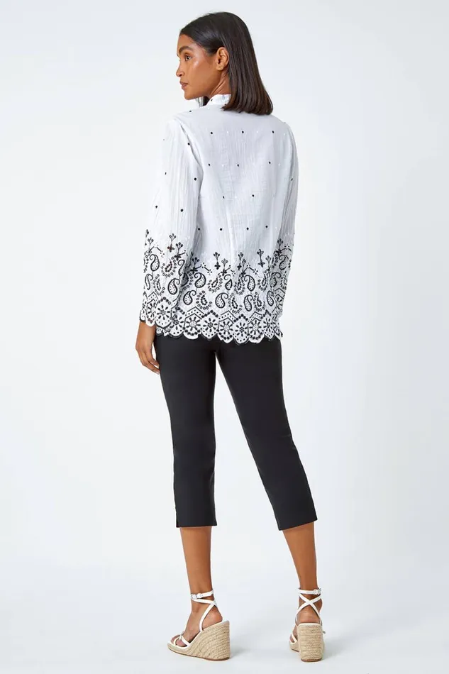 Women Ivory Cotton Paisley Embroidered VNeck Blouse Roman Tops